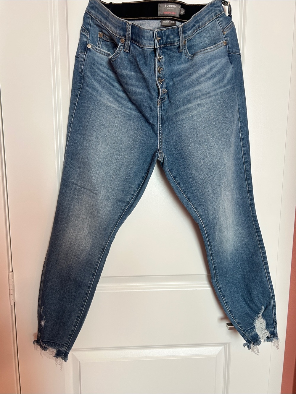 Torrid mid wash blue high-rise ankle button-fly jeans Size 16S